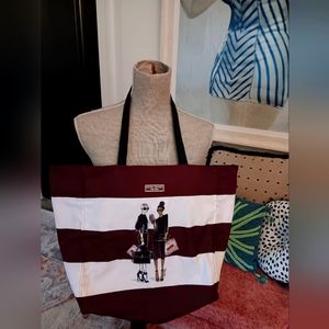 🤎🤍Excellant Condition Henri Bendel Striped Megan Hess Tote Reversible,Rare!🤎